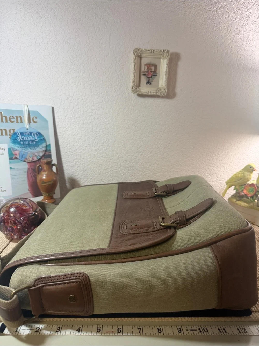 Tommy Bahama Olive Canvas Leather Messenger Bag Crossbody Safari Travel